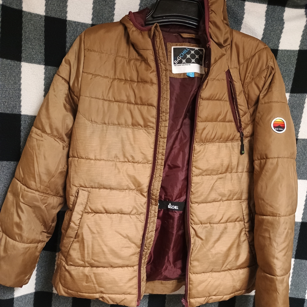 Big Chill Brown Puffer Jacket with Burgundy Lining